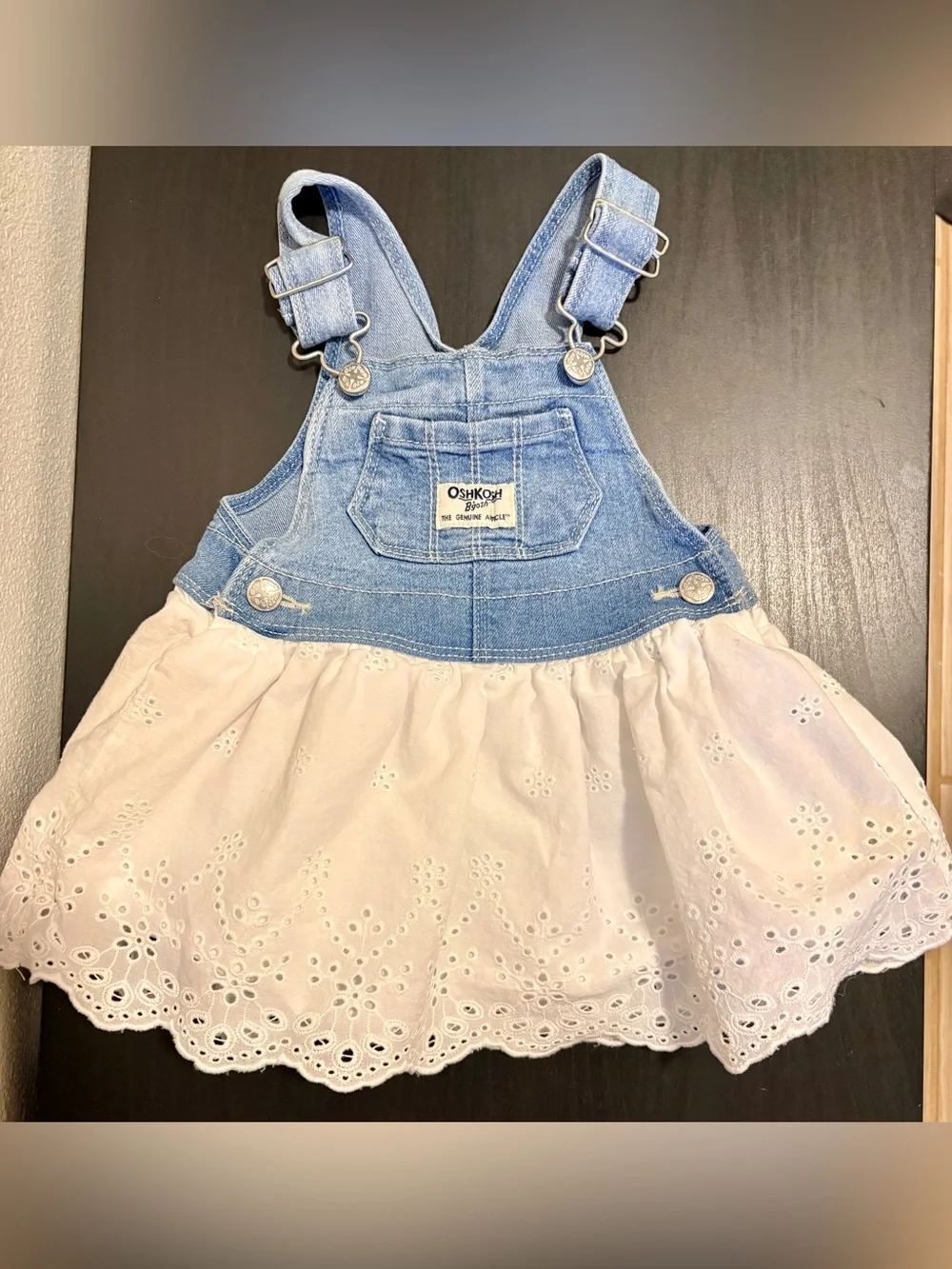 OshKosh B'gosh Denim Bib & White Eyelet Baby Girl Romper Dress